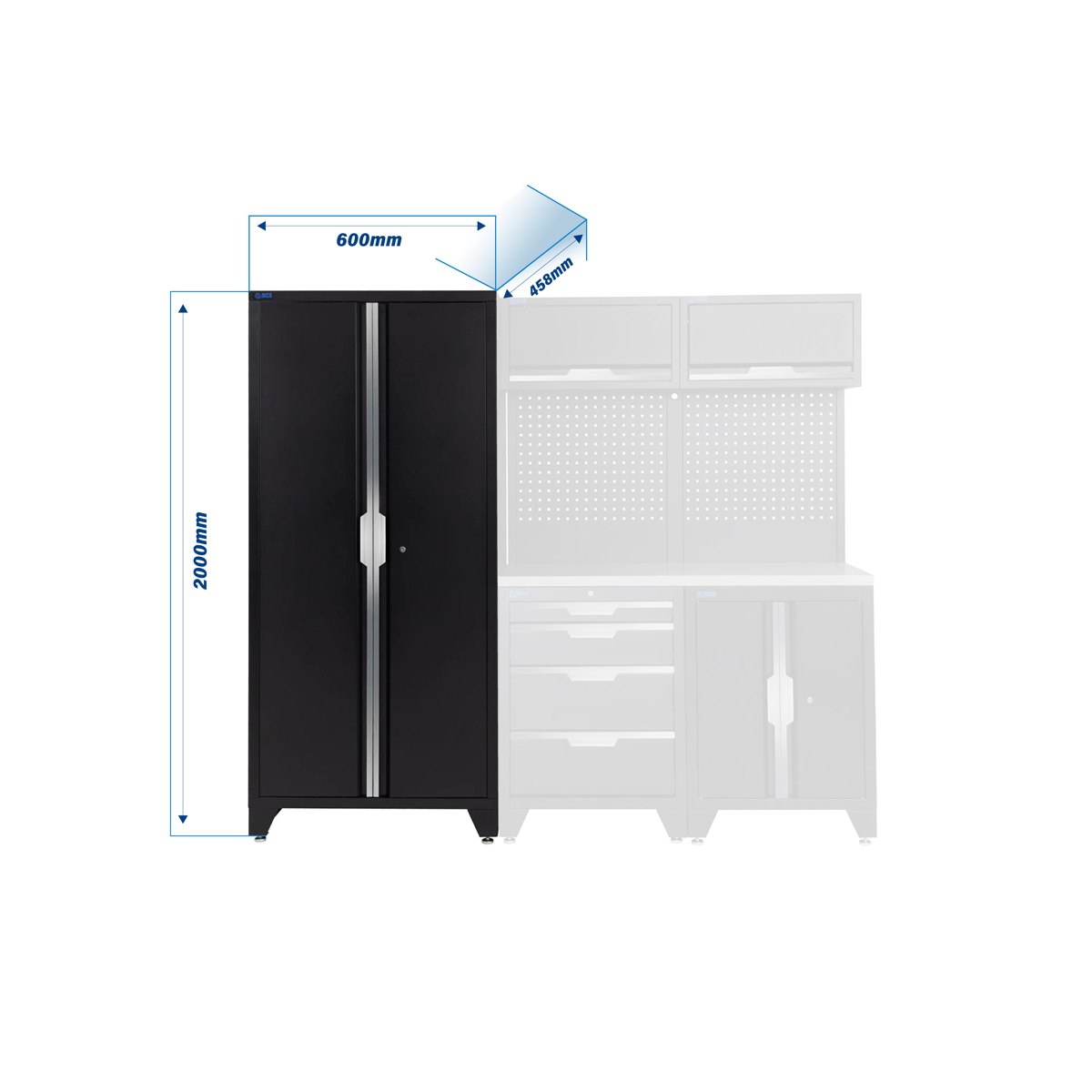 SGS 7pc Garage Storage System | 4 Drawers | Stainless Steel Worktop | Floor Cabinet | 2x Upper Cabinet | Tall Double Cabinet